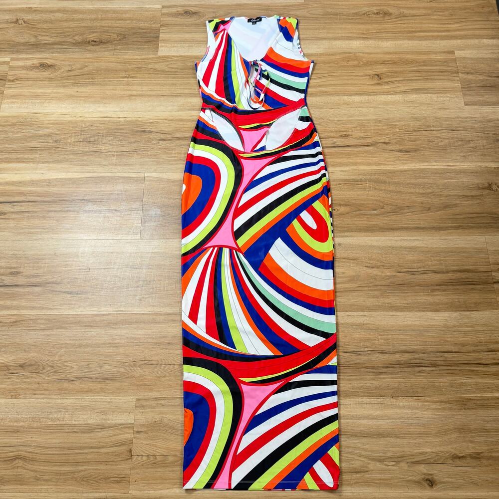 Athina Colorful Cutout Maxi Dress Geometric Psychedelic Print Sleeveless Size M